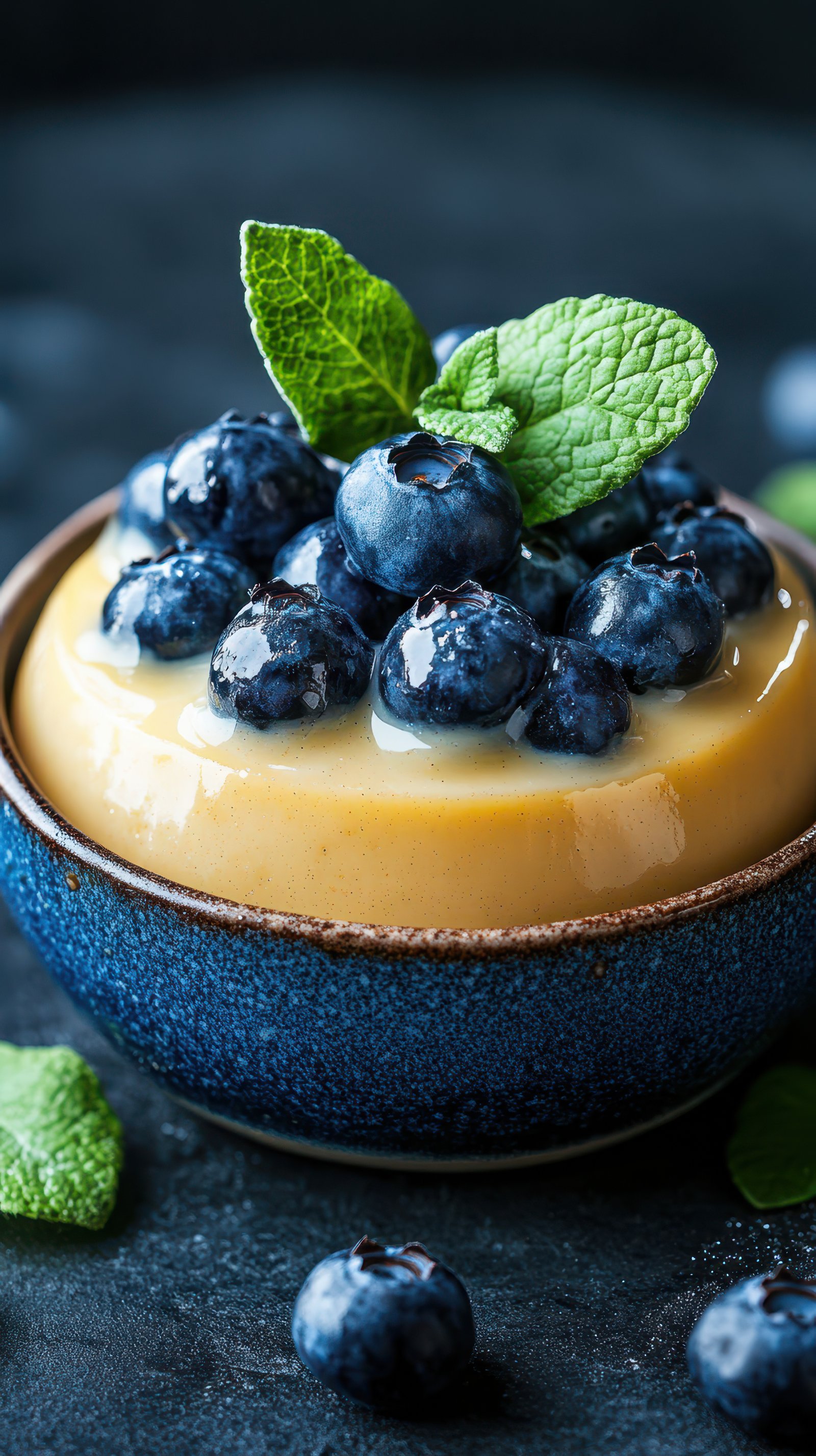 Fresh blueberry dessert served in a ceramic bowl garnished with mint leaves on a dark textured surface